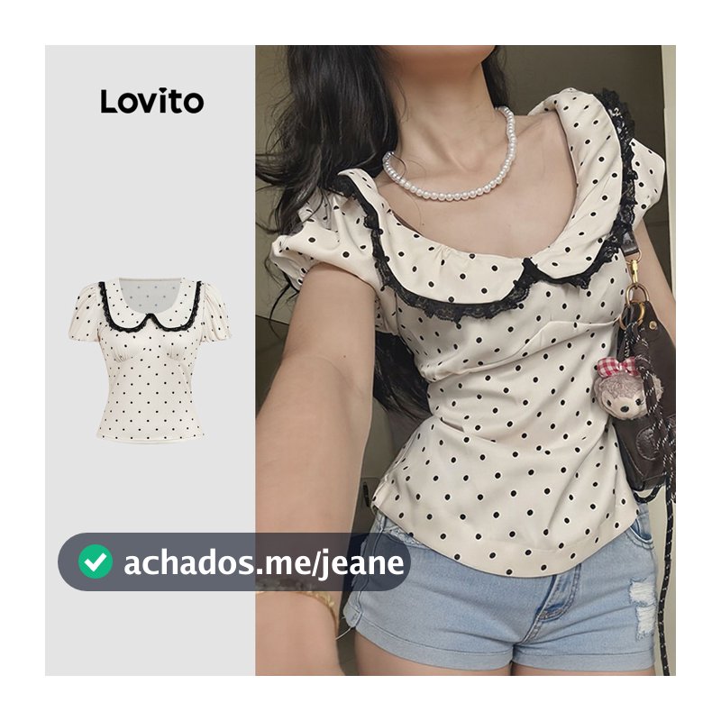 Lovito Casual Camiseta Fofa Renda Diário Escritório Férias E Viagens Primavera/verão Preta e Branca Feminino L173AD115