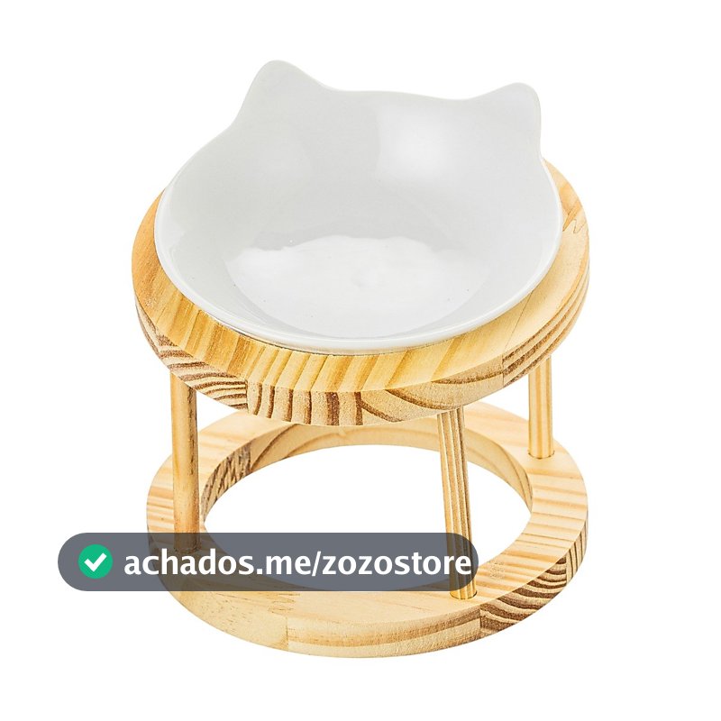 Comedouro Elevado para Gatos 320ml Porcelana Madeira Pinus Ergonômico