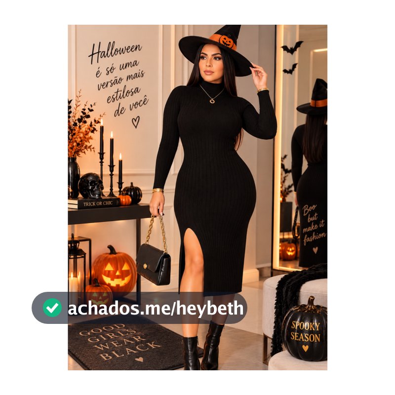 Vestido Midi Feminino Canelado Manga Longa Gola Alta com Fenda Egante Hallowen
