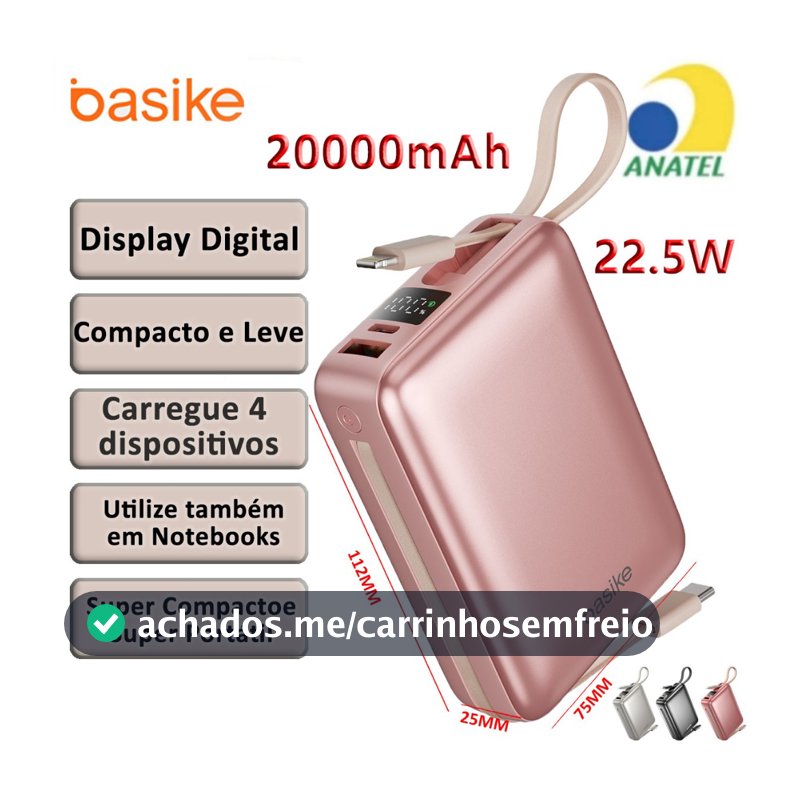 BASIKE 2026 Carregador Portátil 20000mAh - Carregamento Rápido 22.5W Power Bank Carregador Saída dupla