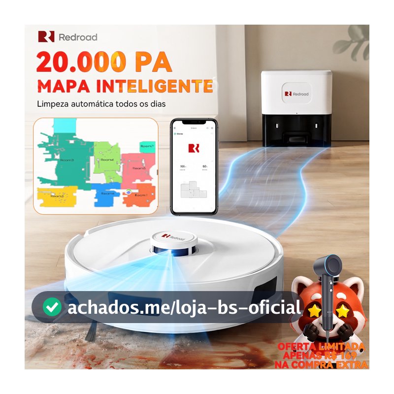 Robô Aspirador Passa Pano Redroad R11 Inteligente 20000Pa Autoesvaziável 3 em 1 App e Voz Silencioso Para Pets 127/220V