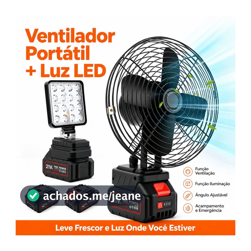 Ventilador Portátil Acampamento 8 Polegadas 30W 2 Baterias 7500mAh Luz LED 270° Sem Escova USB Recarregável Hivento