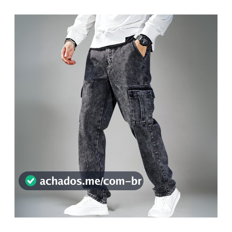 Calça Jeans Cargo Masculina Baggy Larga Streetwear Grafite Marmorizada Preta Mescla Com Elástico 34 ao 44