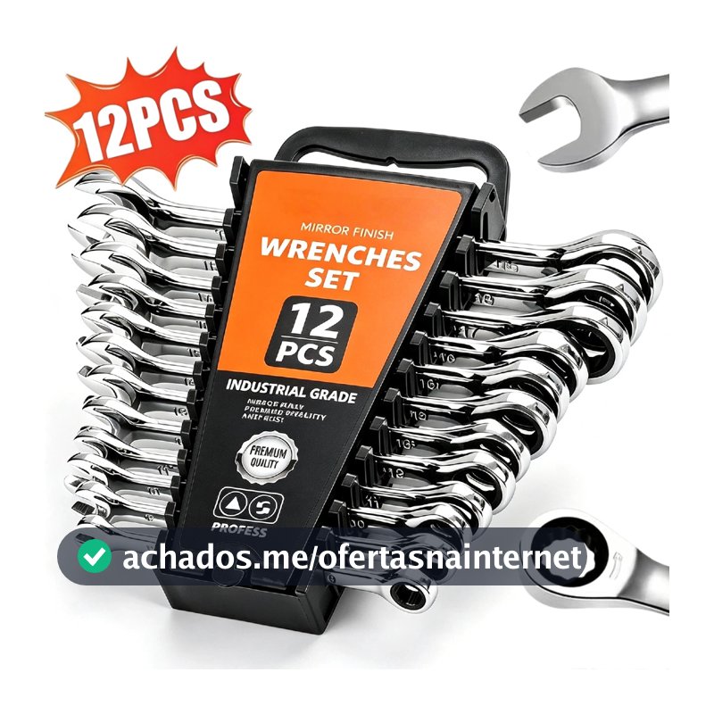 Kit 12 Chaves Combinadas com Catraca Aço Cromo Vanádio Placado Espelho Resistente, 6mm a 19mm para Oficina Mecânica