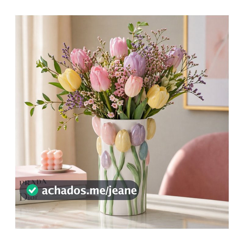 Vaso Decorativo Tulipas Aquarela em Relevo Resinado – Design Delicado em Tons Pastel