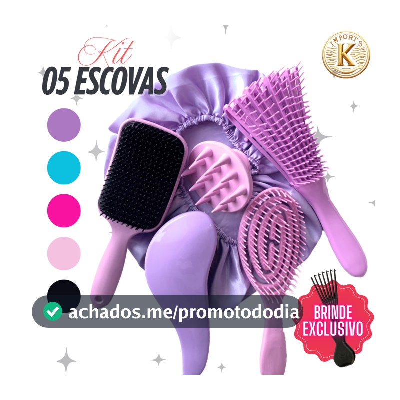Kit 5 Escovas de Cabelo  + Touca de Cetim – Raquete Fashion, Mágica, Polvo, Massageadora de Silicone