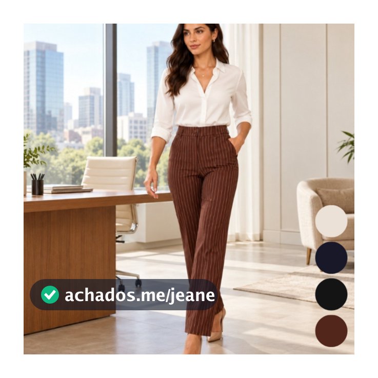 Calça Feminina Alfaiataria Reta Risca de Giz Cintura Alta elegante