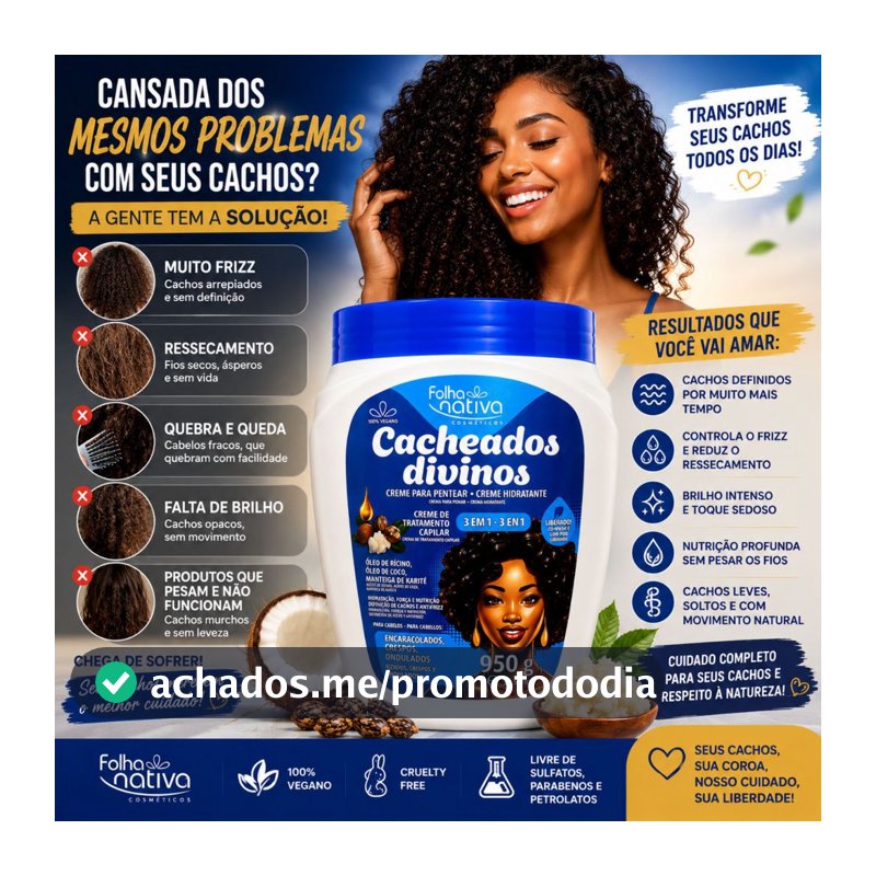 Creme de Pentear Folha Nativa Cacheados Divinos 950g Definição Antifrizz Vegano