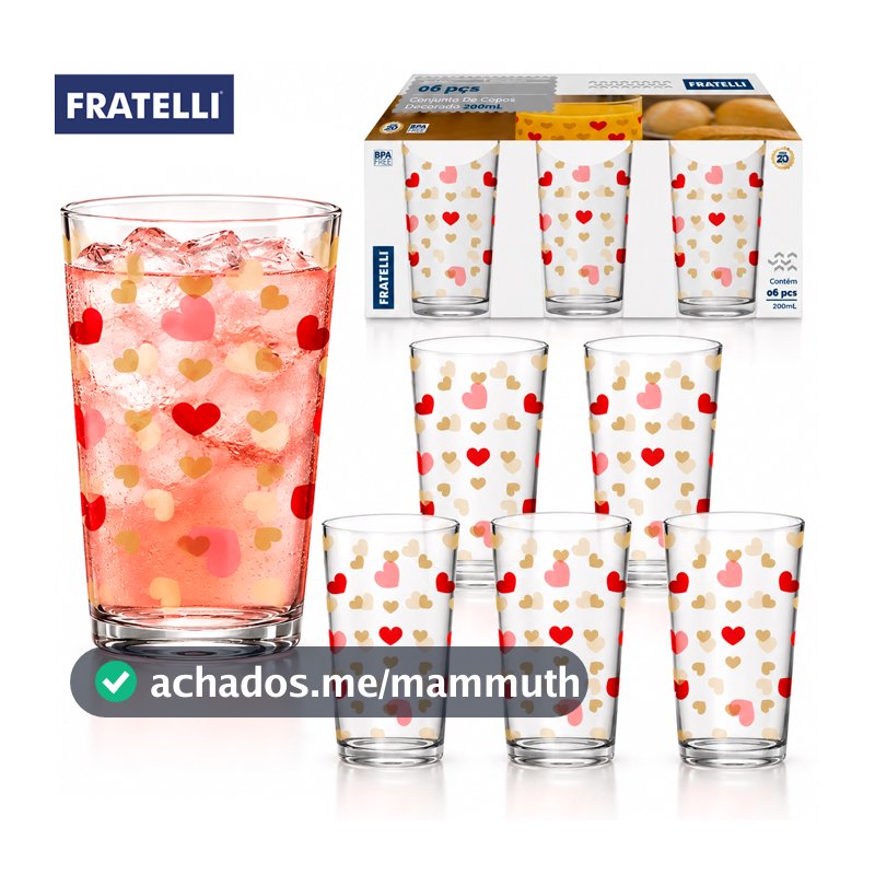 Conjunto Jogo de 6 Copos Estampado Fratelli Coração 200ml copo de vidro Mesa Posta Bebidas Drink