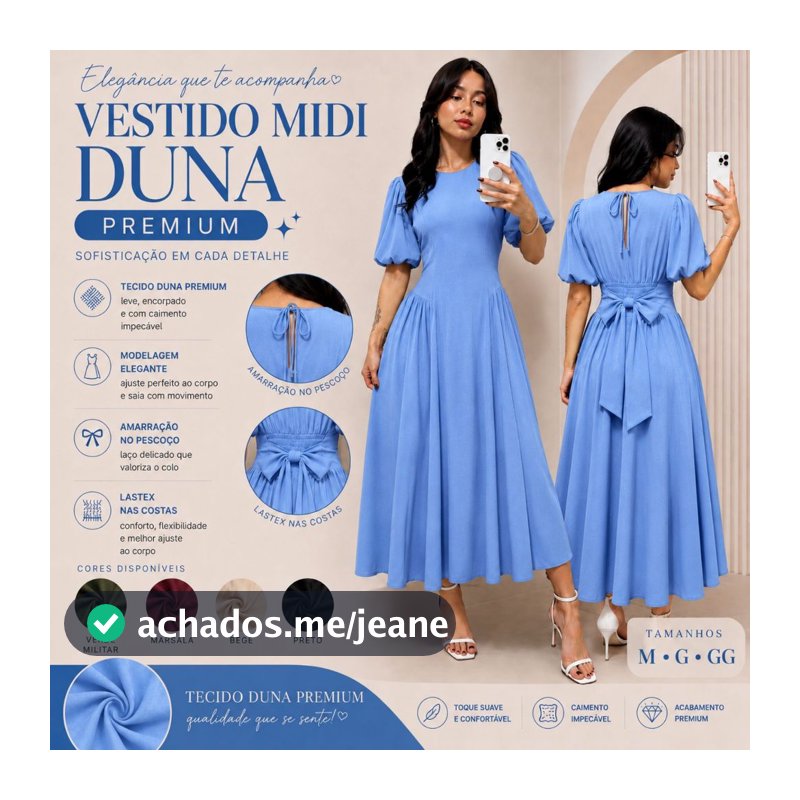 Vestido Midi Feminino com Manga Bufante Tecido Duna com Lastex nas Costas Moda 2026