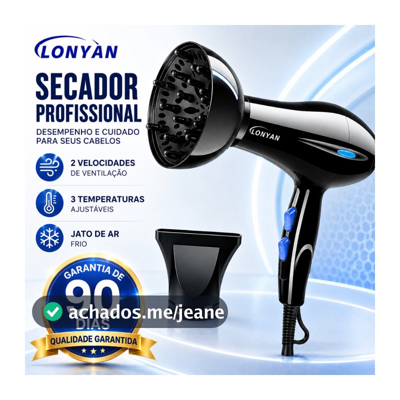 Secador de Cabelos Profissional com Difusor LONYAN 220V 127V 110V tecnologia com Ion 5 Níveis Quente Frio Silencioso