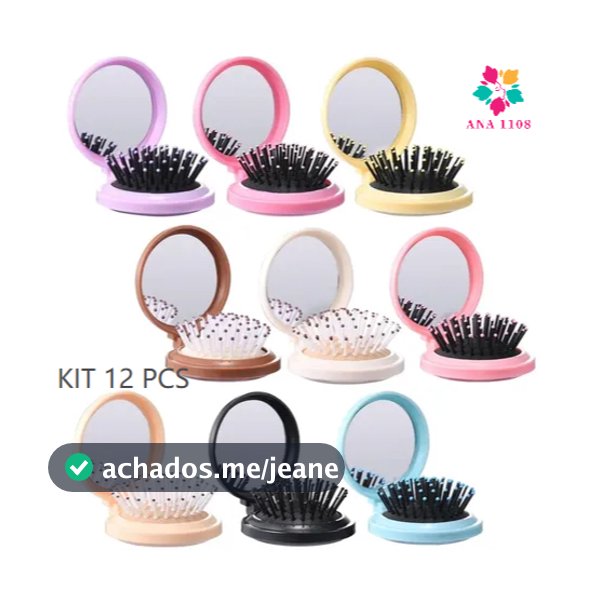 ANA1108 KIT 12 Pcs Mini Escova de Cabelo Dobrável Com Espelho-Portátil e Perfeita Para Bolsa