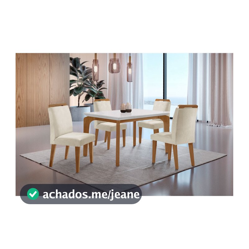 Conjunto Sala de Jantar Mesa Liz 120cm em MDF Canto Reto e 4 Cadeiras Athenas Moderna