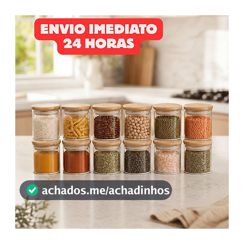 Kit 12/6 Potes de Vidro 200ml com Tampa de Bambu Hermético Mantimentos Condimentos Empilhaveis