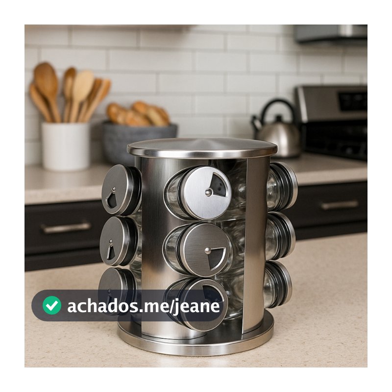 Porta Tempero Condimentos Giratório em Aço Inox com 12 Potes de Vidro
