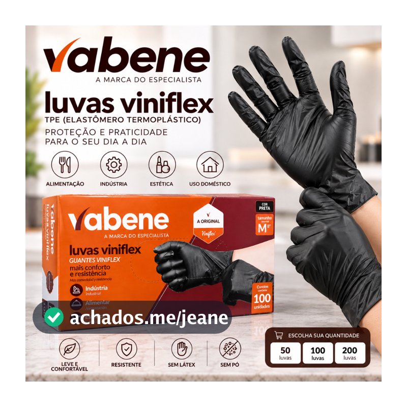 Luvas descartáveis pretas viniflex sem pó P M G GG Vabene TPE - 50 / 100 / 200 unidades