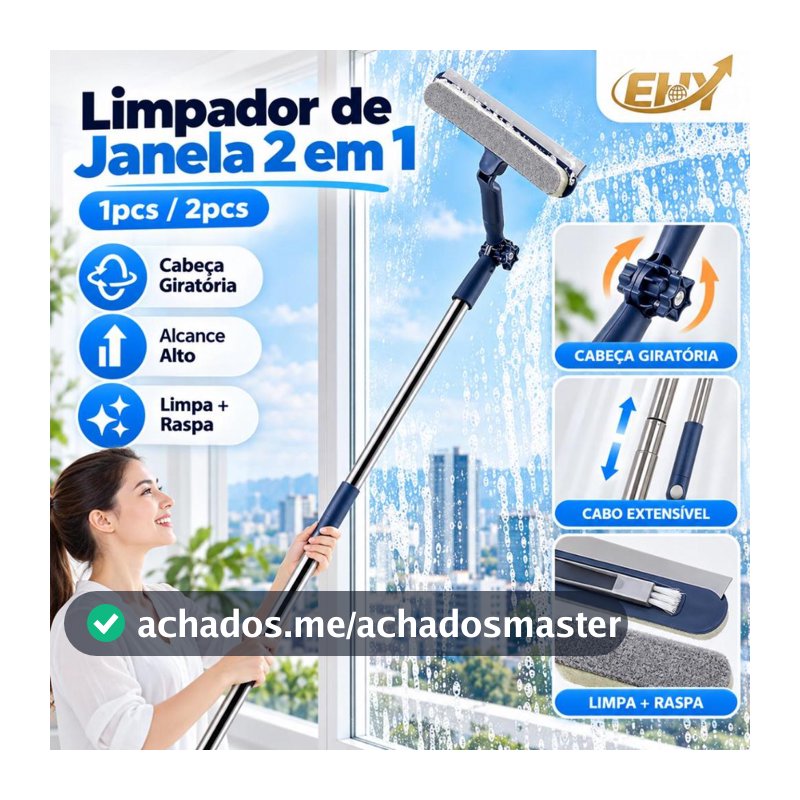 Limpador de Vidros 2 em 1 com Cabo Extensível 180° Giratório para Janelas Externas