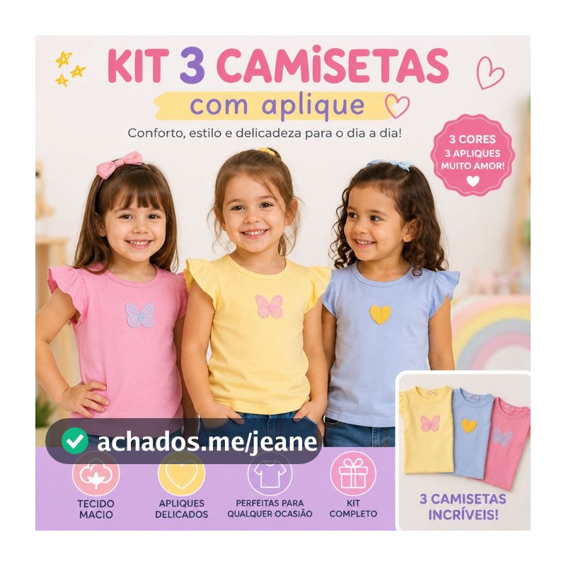 kit 3 blusa manga curta com aplique infantil menina feminino