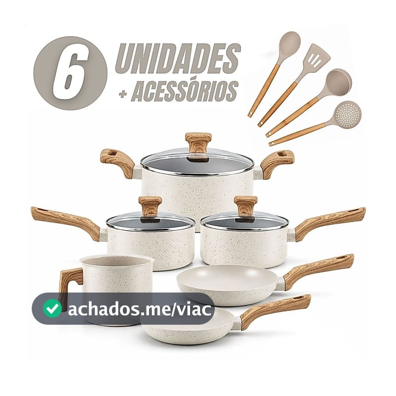 Jogo de Panelas 6 Peças Antiaderentes com Tampa de Vidro Temperada com 4 Utensílios de Cozinha