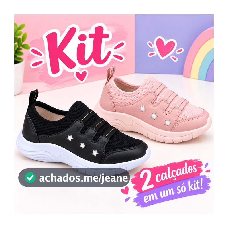Kit 2 Tênis Infantil Menina Extremamente Confortável Leve Casual Escolar Calce Fácil