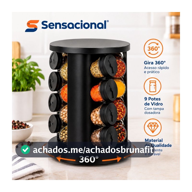 Porta Temperos Profissional Giratório 360° 9 Potes Vidro Tampa Dosadora Condimentos Organizador Cozinha Sensacional