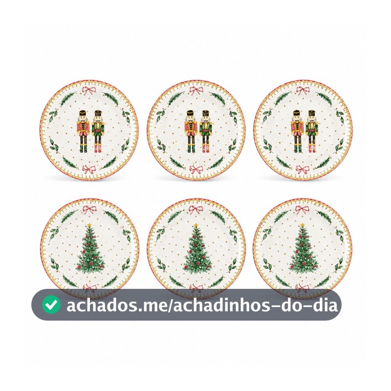 Kit 6 Pratos de Sobremesa Natalinos 21cm Porcelana Árvore Quebra-Nozes Mesa Posta Ceia de Natal