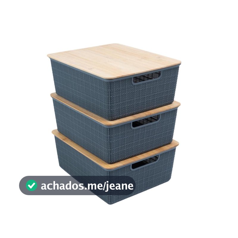 Kit 3 Caixas Organizadoras Tampa de Bambu 12l Cinza - Oikos