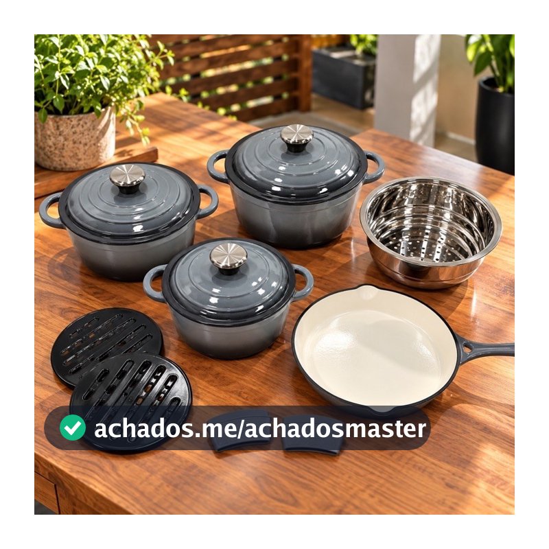 Jogo de Panelas de ferro fundido Modelo Fogo Caipira 18 peças com acesssórios