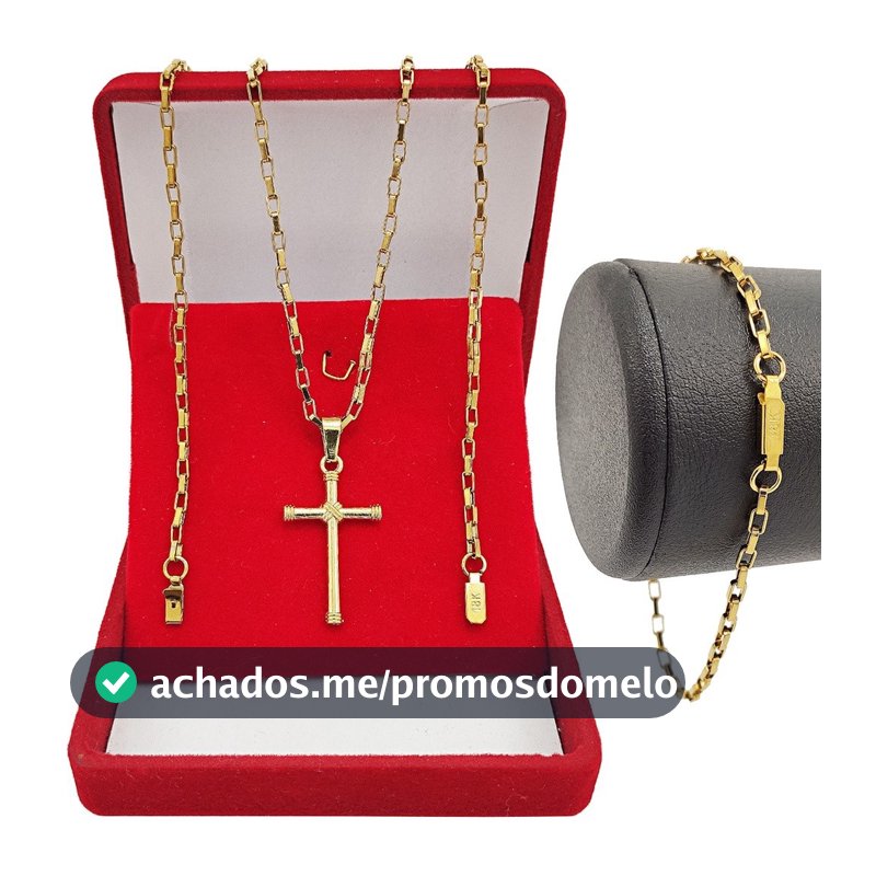 Corrente Masculina Cordão 60cm Tijolinho Com Pingente Crucifixo e Pulseira Tijolinho