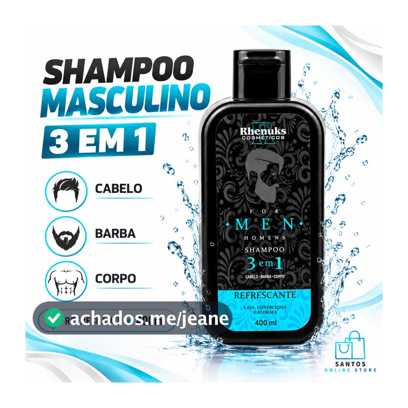 Shampoo Masculino 3 Em 1 Rhenuks Cabelo Barba Corpo 400ml