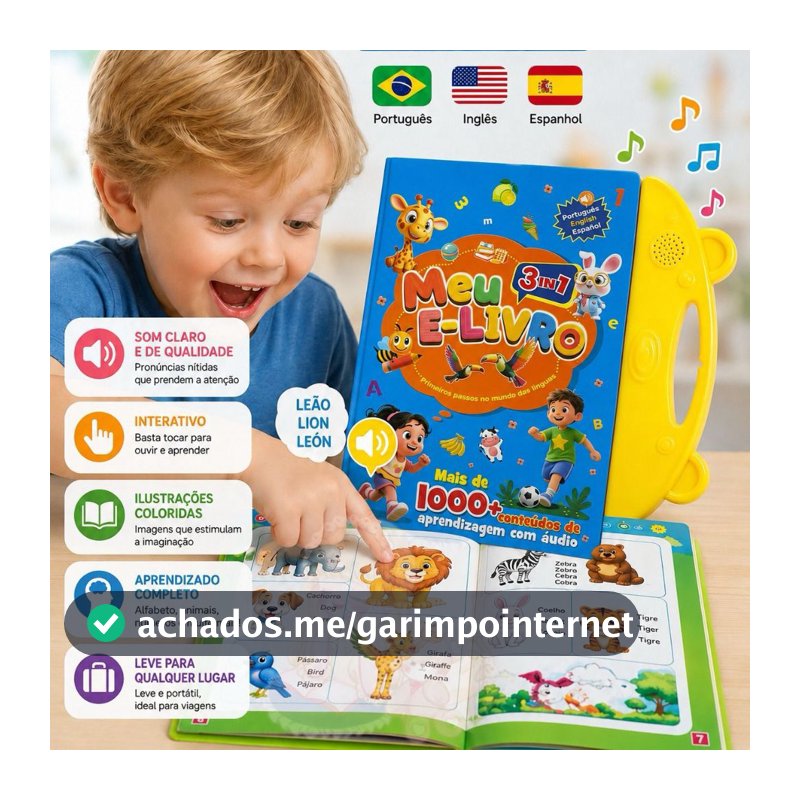 Livro interativo com Som-Aprendizagem trilíngue(Português, Inglês e Espanhol)touch e sound-mulltitemas