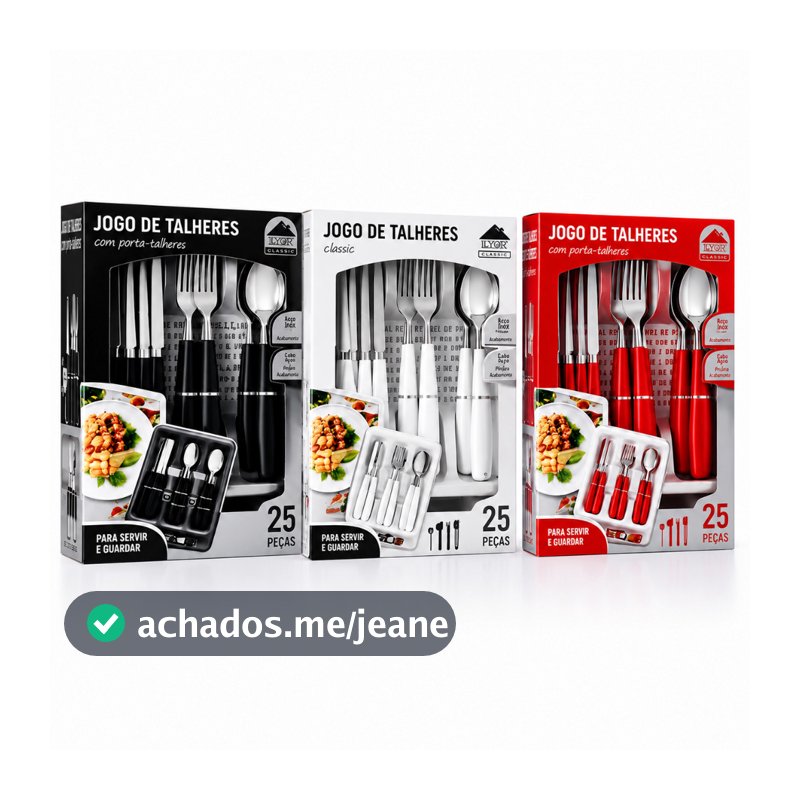 Jogo de Talheres 25 Peças com Porta-Talheres Organizador – Preto, Branco ou Vermelho