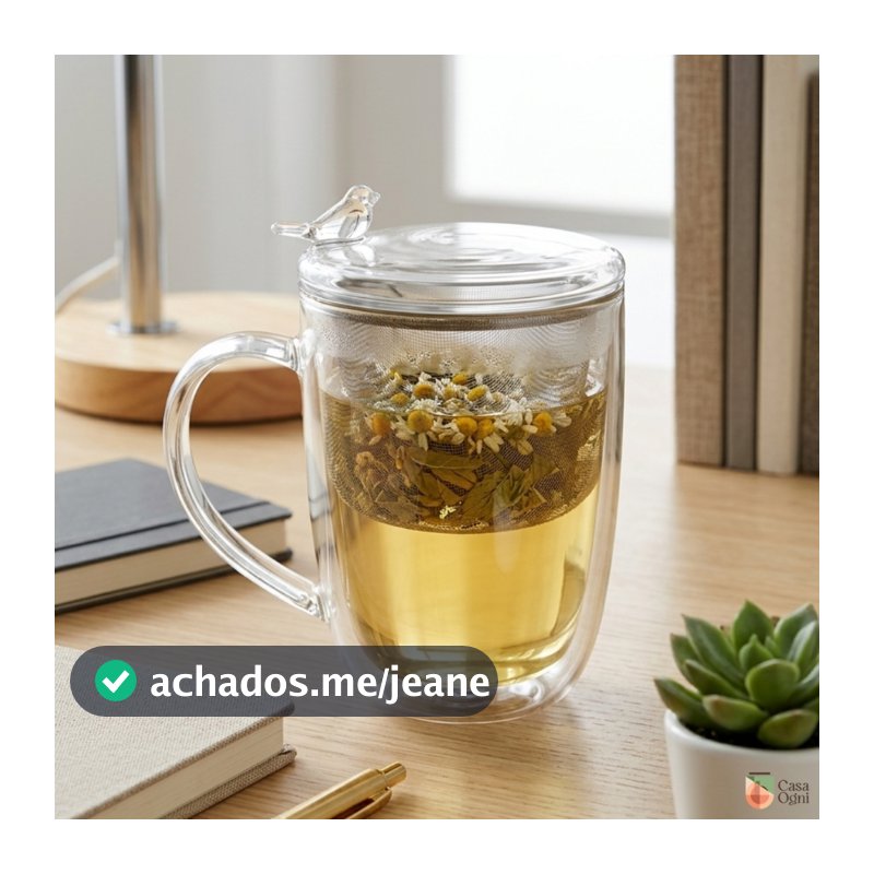 Caneca de Vidro com Infusor e Tampa de Passarinho Transparente 350ml Xícara com Filtro de Infusões