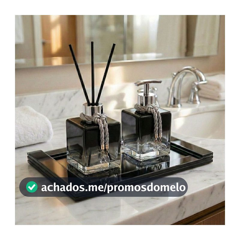 Kit Lavabo e Difusor Aromatizante Sabonete Liquido Cubo Luxo De Vidro Com Bandeja Trama
