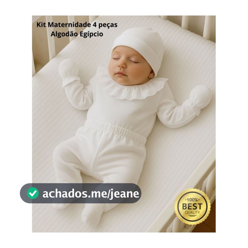 Body RN com Renda Algodão Egípcio – Kit Saída Maternidade Branco 04 peças Menina Mijão, Touca e Luvas elegância conforto