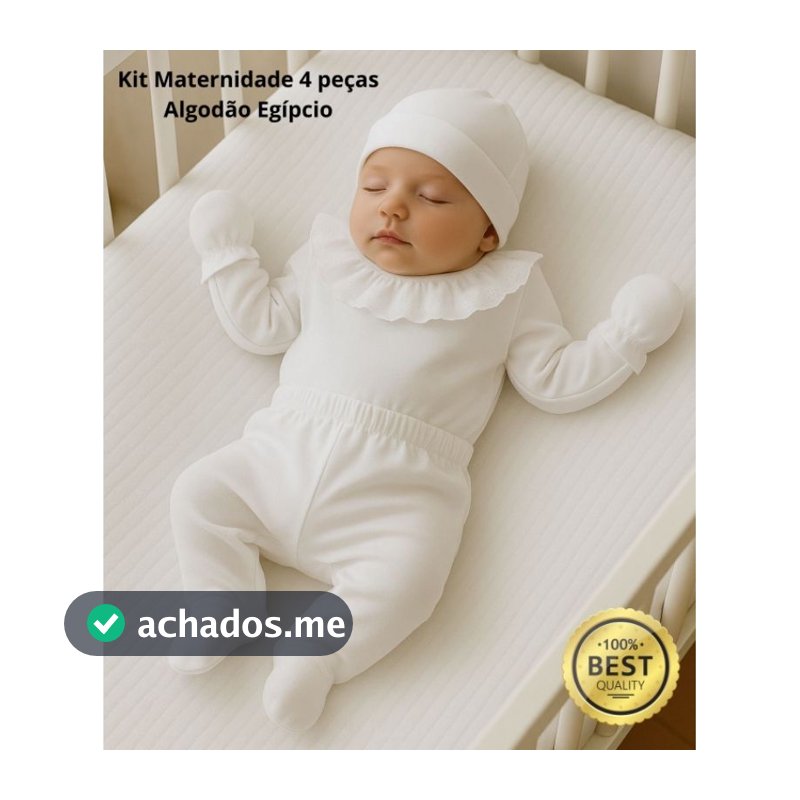 Body RN com Renda Algodão Egípcio – Kit Saída Maternidade Branco 04 peças Menina Mijão, Touca e Luvas elegância conforto