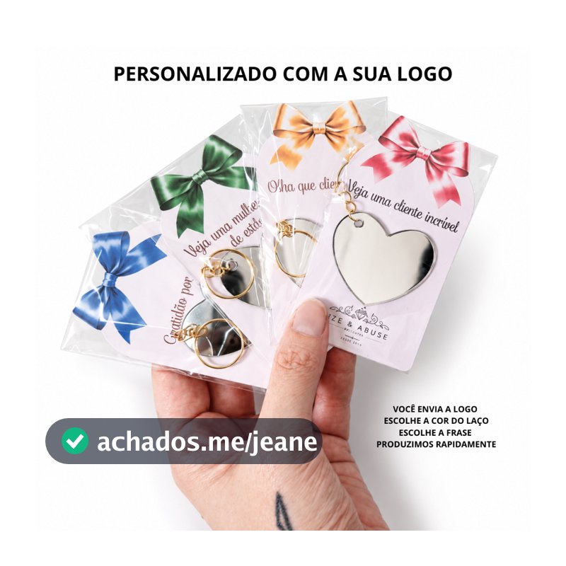 50un - Lembrancinha Personalizada Chaveiro Coração Espelhado Cartão Laço Rosa Brinde Mimo