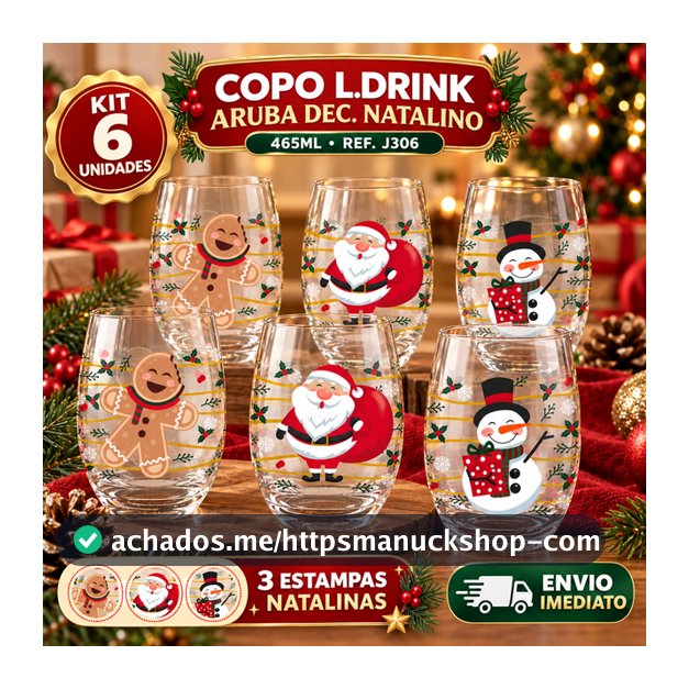 Jogo de Copos Long Drink Natal Aruba 465ml Nadir Vidro Decorado Natalino Ceia Festa Presente Kit 6 Unidades