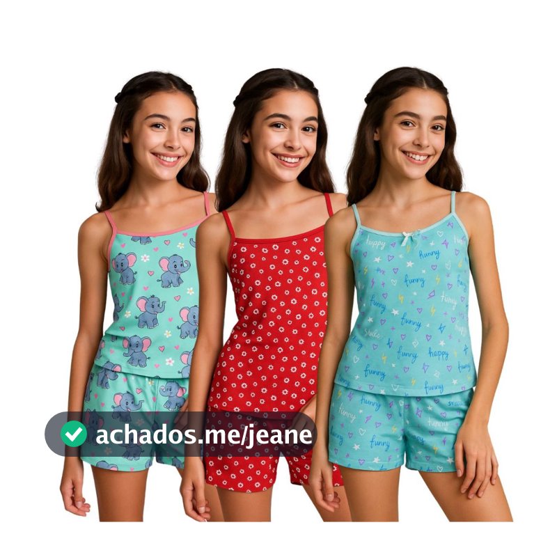 Kit 2 com Pijamas em Poliéster Estampado Infantil Baby Dool Roupa de Dormir Conforto para as Meninas