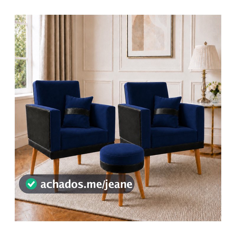Kit 02 Poltronas Decorativas Lis com Almofada e Puff Courino Preto e Suede Aninha Poltronas