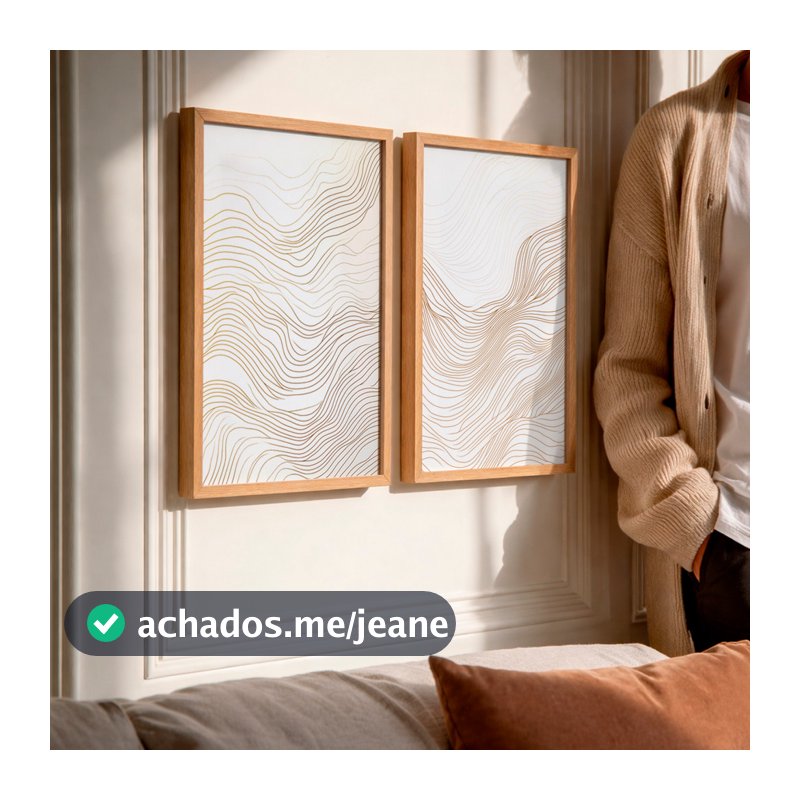 Kit 2 Quadros Decorativos com Moldura Linhas Onduladas Douradas Minimalista Fundo Claro Elegante