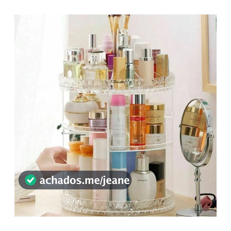 Organizador de Maquiagem Giratório 360° Acrílico Premium – 2 Gavetas + Divisórios, Prático p/ Casa, Banheiro e Salão