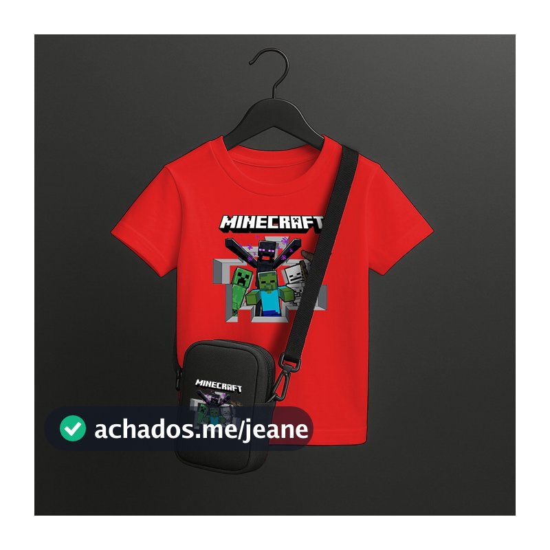 Combo Infantil Minecraft – Camiseta Manga Curta + Bolsa Bag Mochila Pequena Gamer Personagem