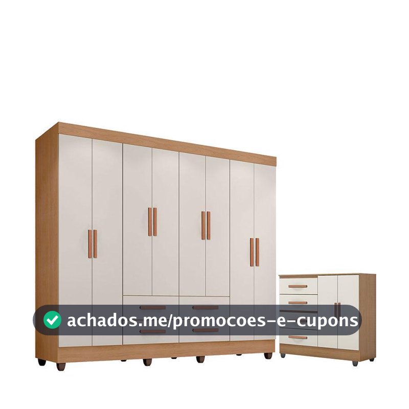 Guarda Roupa Casal Porto com Cômoda Lite 4 Gavetas 2 Portas Nature Off White – Móveis Leão