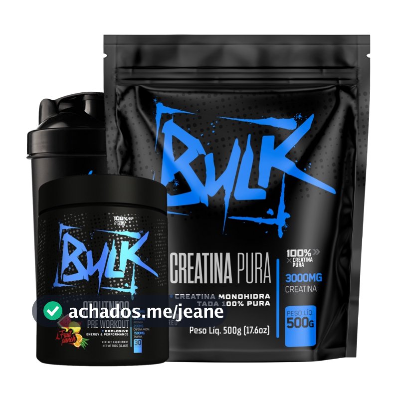 Kit Creatina Pura 100% Monohidratada 500g + Pré Treino Stoutness 300g + Shaker - Bulk Suplementos
