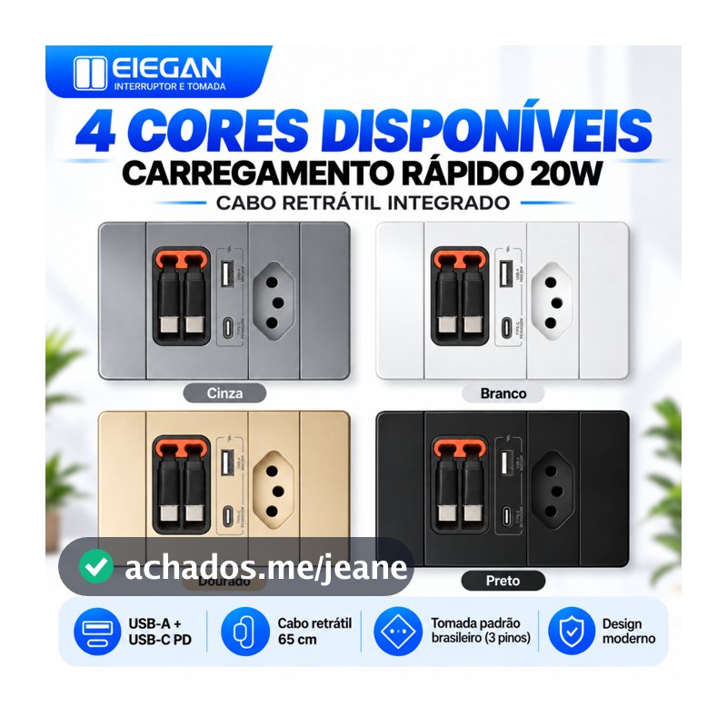 ELEGAN Painel de Tomada Bivolt 110V-250V Cabo Retrátil PD 20W USB‑A Tipo‑C Uso em Mesa Compatível com Tomada Brasileira