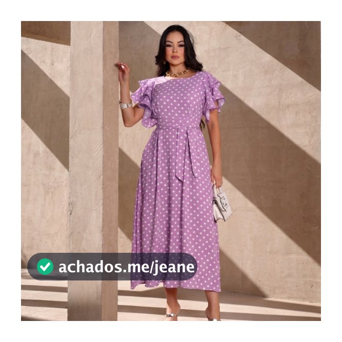 Vestido Feminino Poá Com Manga Babado Tendencia Primavera/Verão Lastex nas Costas