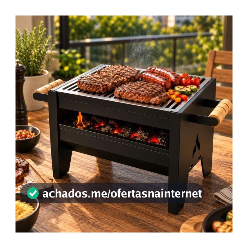Churrasqueira Portátil Preta Desmontável com Grelha e Pegadores Laterais - Grill Inox Mini  Campeira