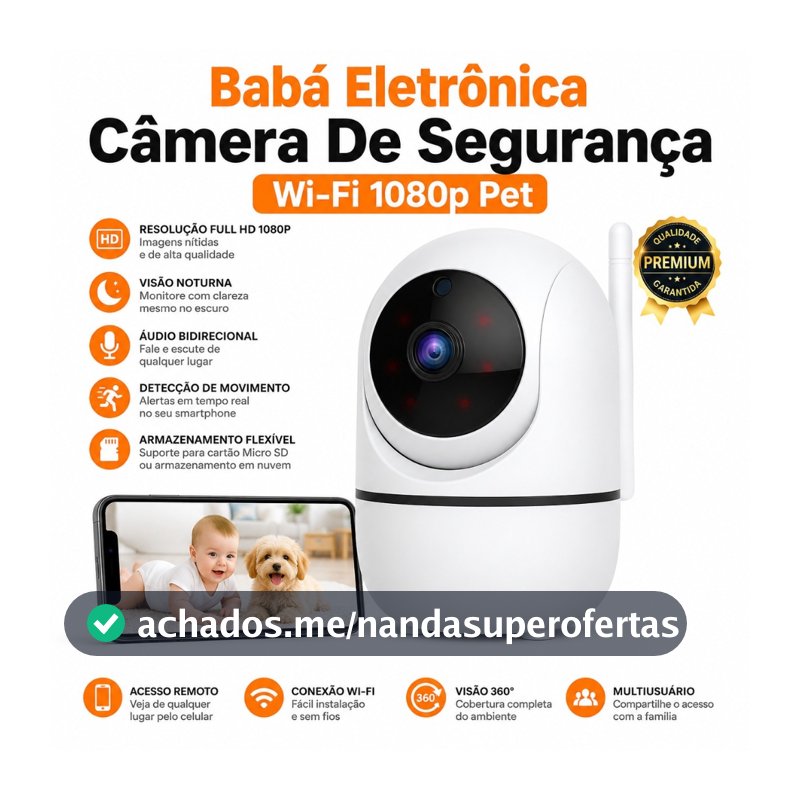 Babá Eletrônica Câmera De Seguraca Wi-Fi 1080p Pet Giratória Visão Noturna Infravermelho Microfone