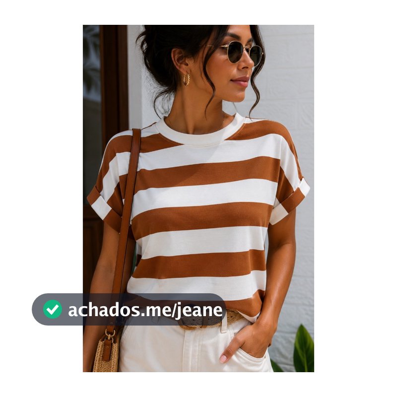 Blusa Listrada Feminina Manga Dobrada Listra Grossa Tshirts Básica Despojada e Casual Tendência